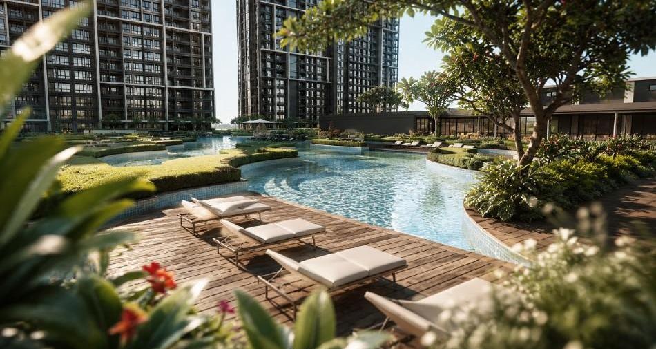 Atlas Residences pool and landscaped leisure area